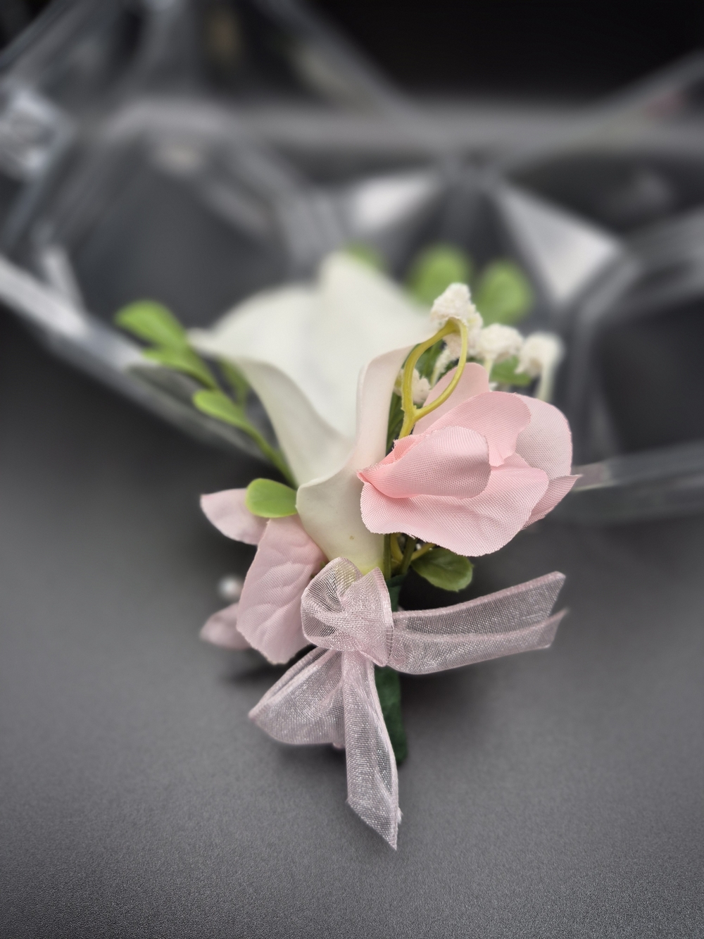 Pink and White Floral Boutonniere with Sheer Ribbon